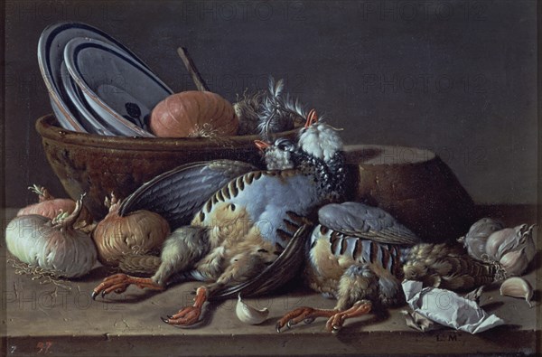 Melendez L., Still life: two partridges, garlic and onions