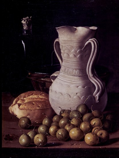 Melendez L., Nature morte: mirabelles, pain, cruche, flacon et gamelle