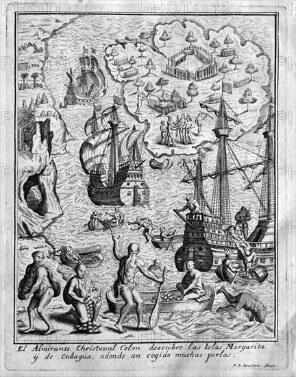 GRABADO-COLON DESCUBRE LAS ISLAS MARGARITA Y CUBAGUA(VENEZUELA) EN 1498