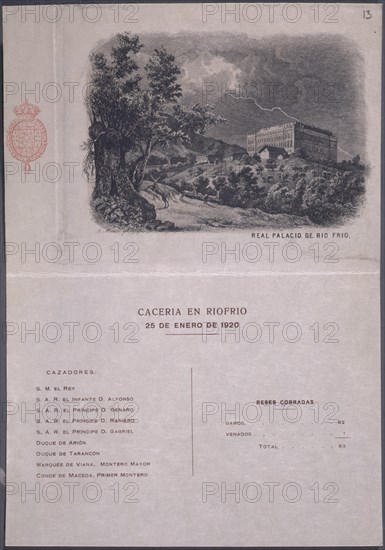 CACERIA EN RIOFRIO 25/1/1920-TARJETA DE CAZADORES Y RESULTADO DE LA MONTERIA
MADRID, PALACIO REAL-BIBLIOTECA
MADRID
This image is not downloadable. Contact us for the high res.