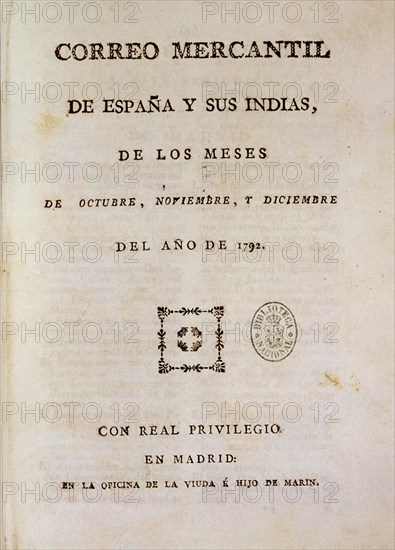 CORREO MERCANTIL DE ESPAÑA Y SUS INDIAS-ANO 1792
MADRID, BIBLIOTECA NACIONAL PISOS
MADRID
This image is not downloadable. Contact us for the high res.