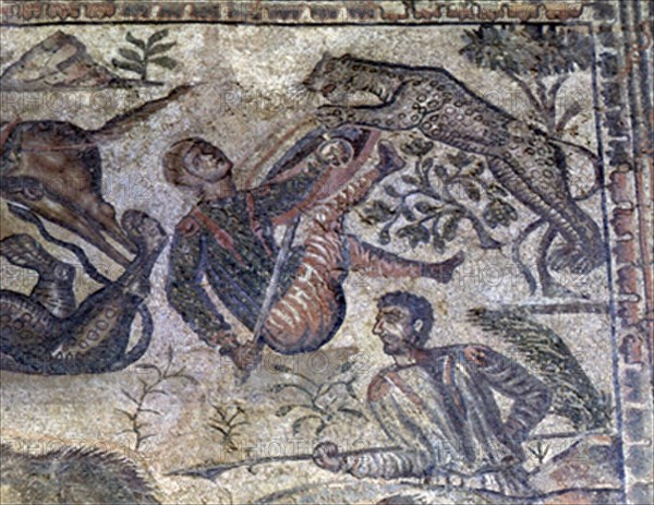 MOSAICO DE AQUILES-DET SOLDADO ATACADO POR LEOPARDO
OLMEDA, VILLA ROMANA
PALENCIA