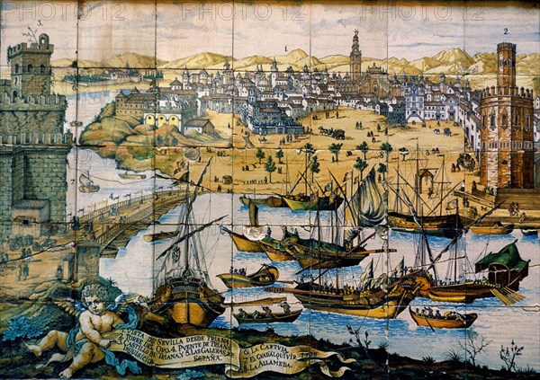 Glazed tiles showing Seville from the Triana district in 1738