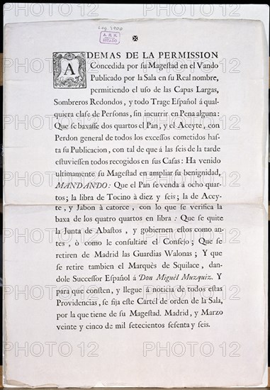 REAL CEDULA-PERMISO USO TRAJE ESPAÑOL,REBAJA PAN,ACEITE,TOCINO,JABON.MUZQUIZ-MADRID25/3/1766
MADRID, ARCHIVO HISTORICO NACIONAL
MADRID