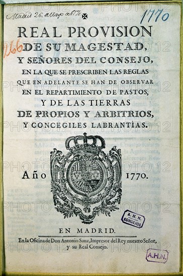 REAL PROVISION-REGLAS PARA REPARTO DE PASTOS
MADRID, ARCHIVO HISTORICO NACIONAL
MADRID