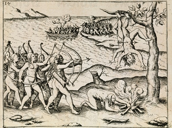 BRY THEODORE 1528-1598
GREAT VOYAGES 1590. AMERICA. GRABADO-MUJERES AMAZONAS MATANDO A LOS INDIOS QUE LAS ATACAN - S XVI
MADRID, BIBLIOTECA NACIONAL H AMERICA
MADRID