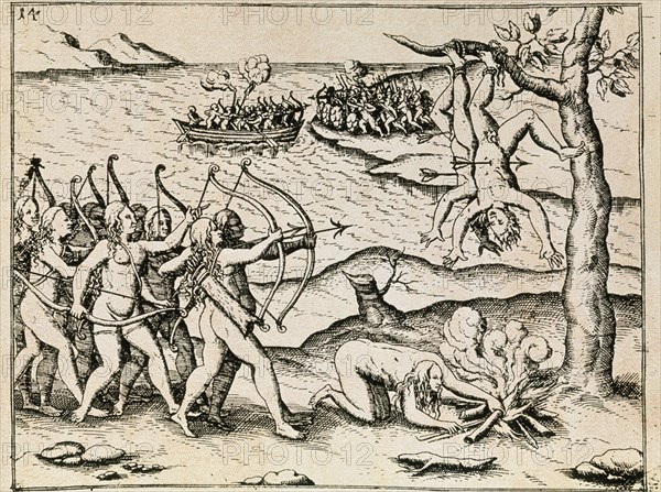 BRY THEODORE 1528-1598
GREAT VOYAGES 1590. AMERICA. GRABADO-MUJERES AMAZONAS MATANDO A LOS INDIOS QUE LAS ATACAN - S XVI
MADRID, BIBLIOTECA NACIONAL H AMERICA
MADRID