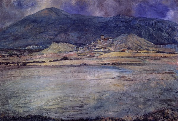 Ignacio Zuloaga (1870-1945)     PUEBLO DE ZARAGOZA - ESCO - SIGLO XX - OLEO/LIENZO - 90 X 30 CMS.