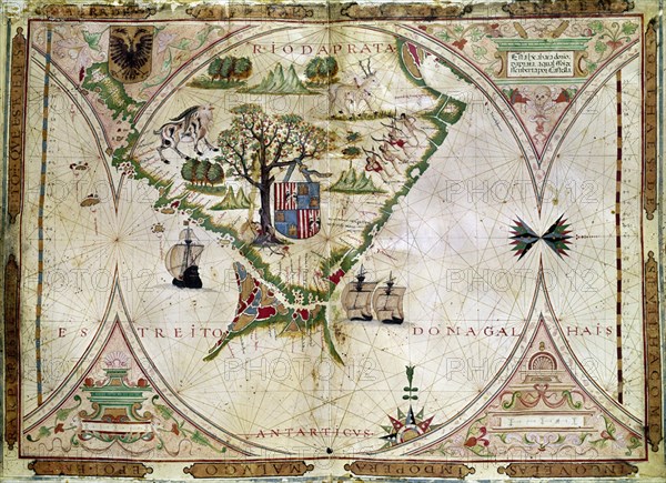 VAZ DOURADO FERNAO 1520/80
ATLAS-1568-MAPA-ESTRECHO DE MAGALLANES-FOL 7- CARTOGRAFIA S XVI
MADRID, COLECCION DUQUES DE ALBA
MADRID