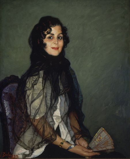 ZULOAGA IGNACIO 1870-1945
ANGUSTIAS DE BLANCO CON MANTILLA NEGRA Y ABANICO-O/L 95X79CM
MADRID, COLECCION PARTICULAR
MADRID