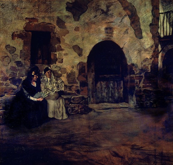 ZULOAGA IGNACIO 1870-1945
(DOS MUJERES CON MANTILLA Y ABANICO A LA PUERTA DE CASERIO)
PEDRAZA, COLECCION SUAREZ ZULOAGA
SEGOVIA