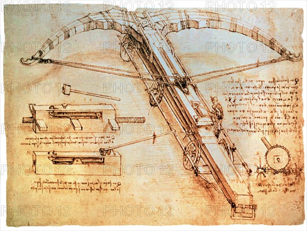 VINCI LEONARDO 1452/1519
DIBUJO DE CATAPULTA GIGANTE (BALLESTA) - DIBUJO 1499
MILAN, B AMBROSIANA
ITALIA
This image is not downloadable. Contact us for the high res.