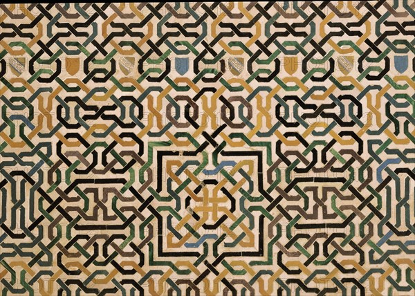 MOSAICO-ALICATADO CON CINTAS COLOREADAS Y ESCUDETE NAZARI
GRANADA, ALHAMBRA-SALA DOS HERMANAS
GRANADA
This image is not downloadable. Contact us for the high res.