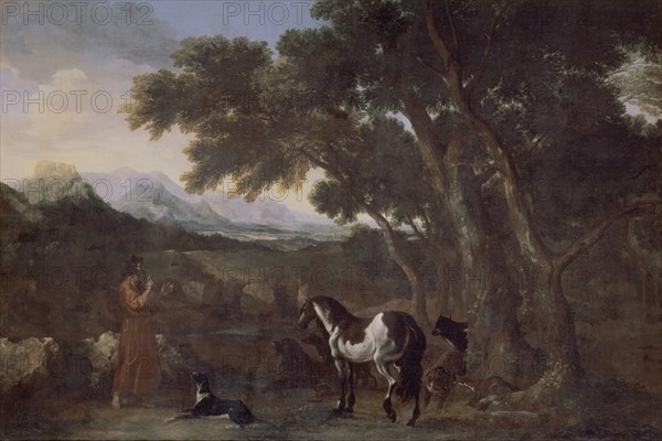 Dughet, Landscape with a hermit blessing the animals