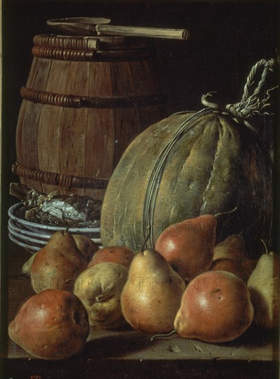 Melendez L., Nature morte: poires, melon, assiettes et tonneau