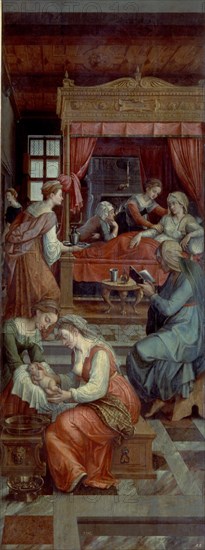 Coxcie, La vie de la Vierge - Tryptique ouvert - la naissance de Sainte Marie
