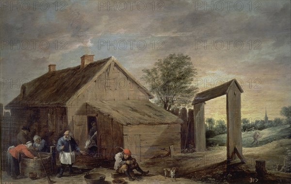 Teniers (le jeune), Conversation de villageois près d’une table rustique