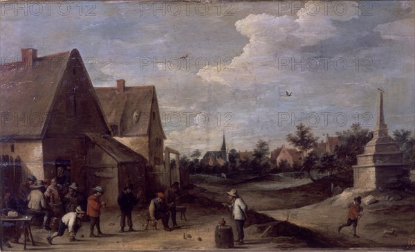 Teniers (le jeune), Jeu de boules devant une maison rustique.