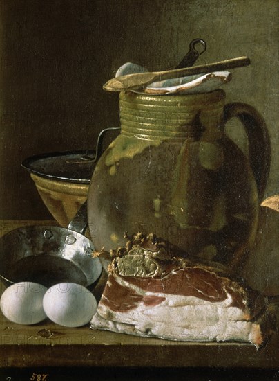 Melendez L., Nature morte: jambon, oeufs, pain