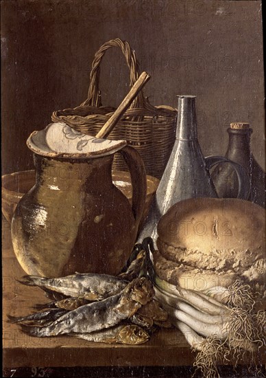 Melendez L., Nature morte: poissons, ciboulette, pain et objets divers