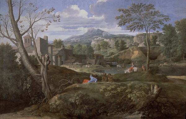 Poussin, Vaste campagne, avec rivière, montagne, architecture et personnages