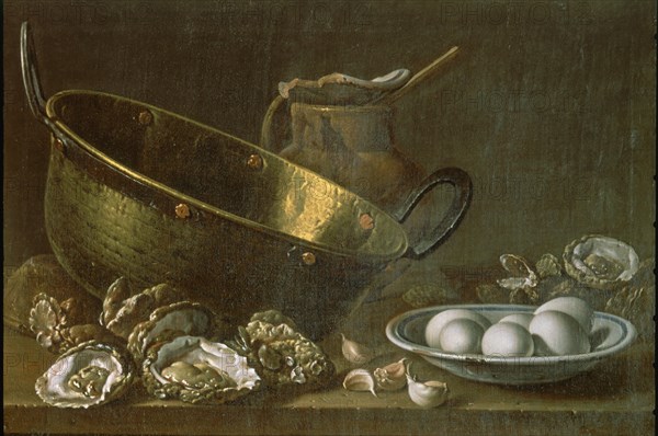 Melendez L., Still life: Oysters, eggs and a pan