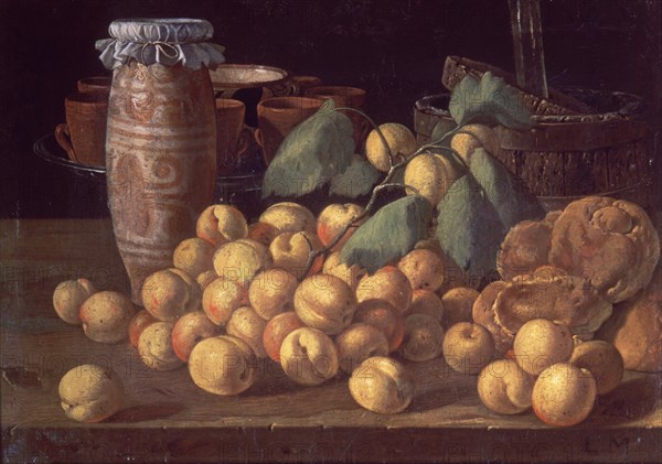 Melendez L., Nature morte: Abricots, pots et brioches