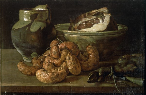 Melendez L., Nature morte: Chorizo, jambon et ustensiles