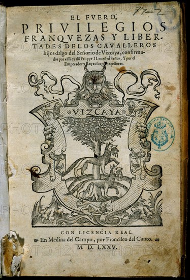 FUERO DE VIZCAYA-PORTADA-MEDINA DEL CAMPO 1575
MADRID, SENADO-BIBLIOTECA
MADRID
This image is not downloadable. Contact us for the high res.