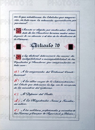PARTE DEL ARTICULO 69 Y 70 DE LA CONSTITUCION DE 1978
MADRID, SENADO-BIBLIOTECA
MADRID
This image is not downloadable. Contact us for the high res.
