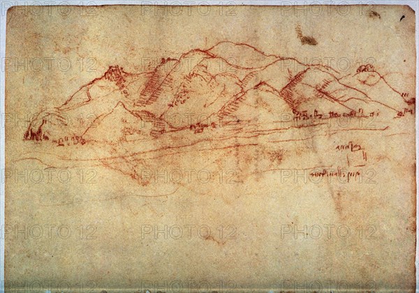VINCI LEONARDO 1452/1519
PAISAJE CERCA DE PISA - AÑO 1502-3 TIZA ROJA EN PAPEL 21,5 x 15 CM. Cod. 8936. Folio 7
MADRID, BIBLIOTECA NACIONAL B ARTES
MADRID