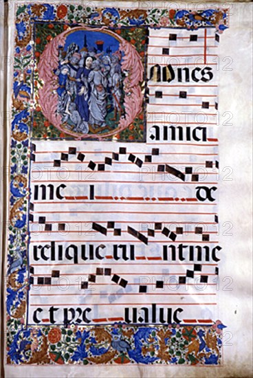 LIBRO DE CORO-S XV-PAGINA MINIADA E ILUMINADA-LETRA O CON ESCENA DEL BESO DE JUDAS
GUADALUPE, MONASTERIO-BIBLIOTECA
CACERES