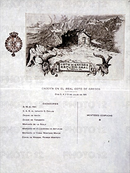 ESTADO DE CACERIA EN EL COTO DE GREDOS-JULIO 1911-TARJETA CON CAZADORES Y PIEZAS COBRADAS
MADRID, PALACIO REAL-BIBLIOTECA
MADRID