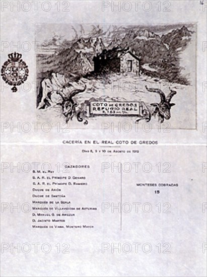 ESTADO DE CACERIA EN EL COTO DE GREDOS-JULIO 1919-TARJETA CON CAZADORES Y PIEZAS COBRADAS
MADRID, PALACIO REAL-BIBLIOTECA
MADRID

This image is not downloadable. Contact us for the high res.