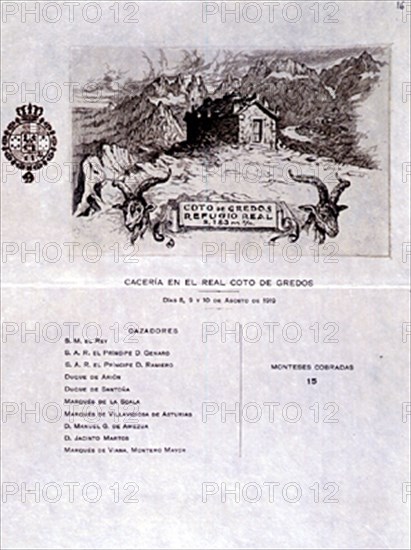 ESTADO DE CACERIA EN EL COTO DE GREDOS-JULIO 1919-TARJETA CON CAZADORES Y PIEZAS COBRADAS
MADRID, PALACIO REAL-BIBLIOTECA
MADRID
This image is not downloadable. Contact us for the high res.