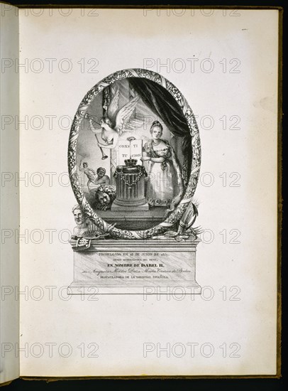 ALEGORIA A LA CONSTITUCION PROMULGADA EL 18/9/1837-ISABEL II NIÑA SOSTIENE LIBRO DE LA CONSTITUCION
MADRID, CONGRESO DE LOS DIPUTADOS-BIBLIOTECA
MADRID
This image is not downloadable. Contact us for the high res.