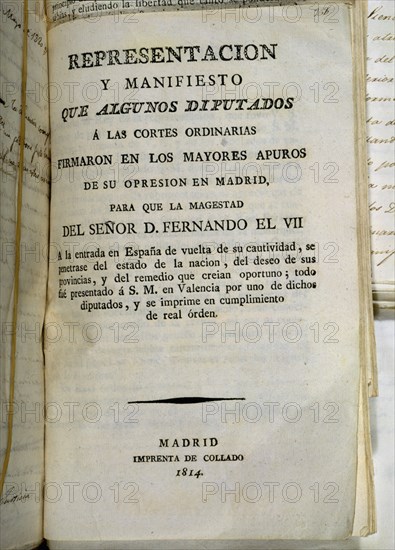 REPRESENTAC Y MANIFIESTO QUE DIPUTADOS A LAS CORTES ORDINARIAS FIRMARON PARA PRESENTAR A FDO VII-181
MADRID, CONGRESO DE LOS DIPUTADOS-BIBLIOTECA
MADRID