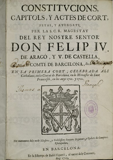 PORTADA"CONSTITUCIONS,CAPITOLS Y ACTES DE CORT,FETAS Y ATORGATS PER FELIPE IV EN 1701/2-BARNA 1702
MADRID, CONGRESO DE LOS DIPUTADOS-BIBLIOTECA
MADRID
This image is not downloadable. Contact us for the high res.