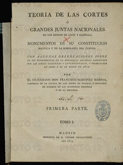 MARTINEZ MARINA FRANCISCO
PORTADA-TEORIA DE LAS CORTES O GRANDES JUNTAS NACIONALES DE LEON Y CASTILLA-TOMO I-1ºPARTE-MADRID 18
MADRID, CONGRESO DE LOS DIPUTADOS-BIBLIOTECA
MADRID