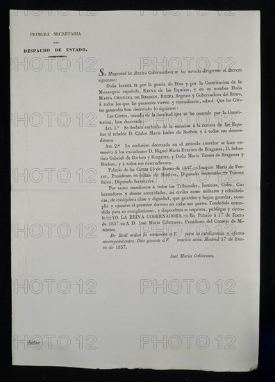 DECRETO DE CORTES DIRIGIDO POR LA REINA REGENTE SOBRE EXCLUSION DE SUCESION 1837-FIRMA JMªCALATRAVA
MADRID, CONGRESO DE LOS DIPUTADOS-BIBLIOTECA
MADRID