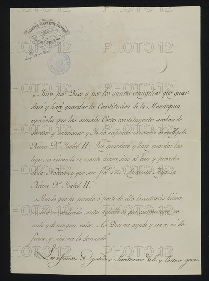 DOCUMENTO-JURAMENTO DE REINA REGENTE EN NOMBRE DE ISABEL II SOBRE LA CONSTITUCION
MADRID, CONGRESO DE LOS DIPUTADOS-BIBLIOTECA
MADRID