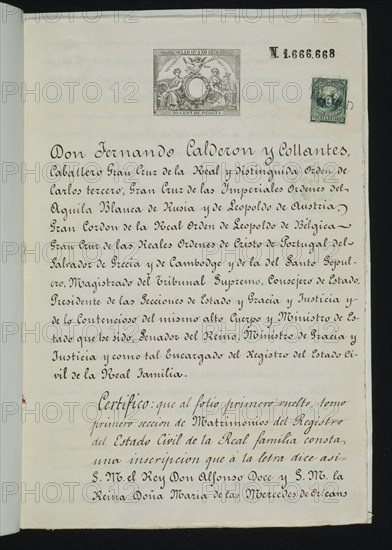 FDO CALDERON COLLANTES CERTIFICA SOBRE REGISTRO CIVIL DE LA FAMILIA REAL:ALFONSO XII Y MªMERDECES
MADRID, CONGRESO DE LOS DIPUTADOS-BIBLIOTECA
MADRID
This image is not downloadable. Contact us for the high res.