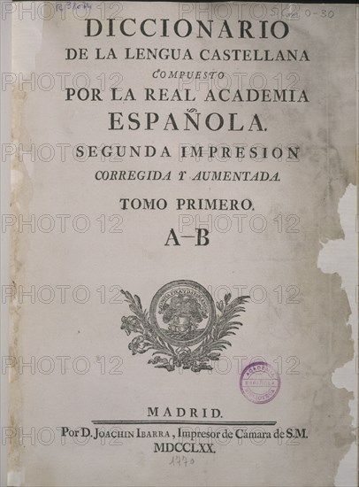 PORTADA DEL DICCIONARIO DE LA LENGUA - 2ª IMPRESION REALIZADA POR JUAN DE IBARRA- 1770
MADRID, ACADEMIA DE LA LENGUA
MADRID

This image is not downloadable. Contact us for the high res.