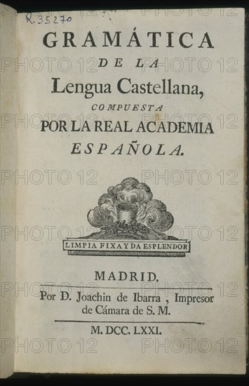 PORTADA DE LA GRAMATICA DE LA LENGUA ESPAÑOLA COMPUESTA POR LA REAL ACADEMIA ESPAÑOLA- IMPRESA POR J
MADRID, ACADEMIA DE LA LENGUA
MADRID

This image is not downloadable. Contact us for the high res.