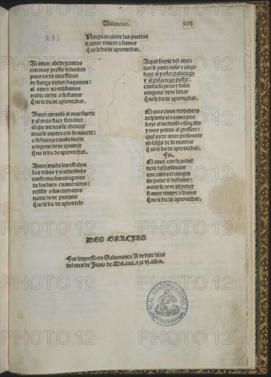 ENCINA JUAN DE
ULTIMA PAGINA DEL CANCIONERO- CON FECHA DE IMPRESION EN SALAMANCA- 1486
MADRID, ACADEMIA DE LA LENGUA
MADRID