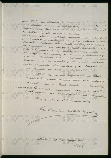 PARDO BAZAN EMILIA
CARTA Y FIRMA DE EMILIA PARDO BAZAN SOLICITANDO UNA PLAZA DE NUMERO/ 1912
MADRID, ACADEMIA DE LA LENGUA
MADRID