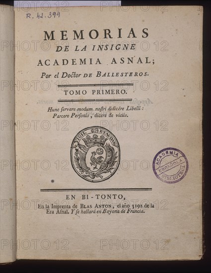 BALLESTEROS
MEMORIAS DE LA INSIGNIE ACADEMIA ASNAL/ PORTADA/ TOMO I/ S XVIII
MADRID, ACADEMIA DE LA LENGUA
MADRID