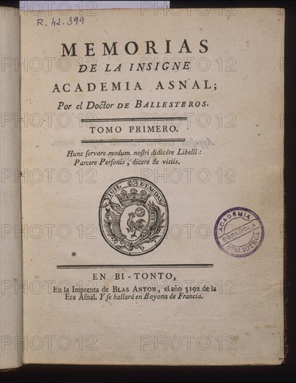 BALLESTEROS
MEMORIAS DE LA INSIGNIE ACADEMIA ASNAL/ PORTADA/ TOMO I/ S XVIII
MADRID, ACADEMIA DE LA LENGUA
MADRID
This image is not downloadable. Contact us for the high res.