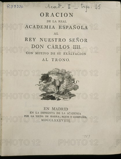 BERLINGUER
PORTADA-ORACION DE LA REAL ACADEMIA AL REY CARLOS III/ IMPRESA POR ANTONIO PEREZ EN 1754
MADRID, ACADEMIA DE LA LENGUA
MADRID