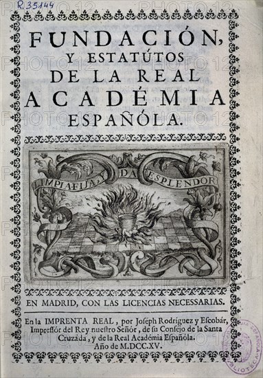 PORTADA-FUNDACION Y ESTATUTOS DE LA REAL ACADEMIA ESPAÑOLA-1715-IMPRESO POR JOSE RODRIGUEZ ESCOBA
MADRID, ACADEMIA DE LA LENGUA
MADRID

This image is not downloadable. Contact us for the high res.